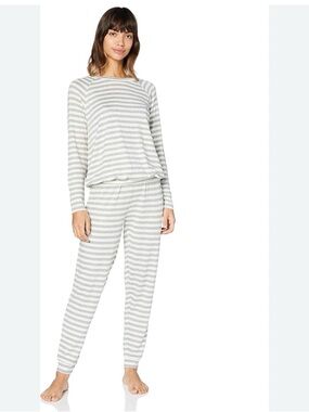 Iris & Lily Striped Long-Sleeve Women's Pajama Set - Light Gray/White, Size XL